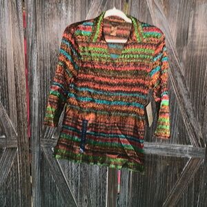 Multiples Red and Green Blouse Striped Knit Top